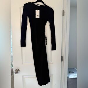 ZARA LONG SLEEVE BLACK DRESS WITH TIE-UP SIDE! NWT!!